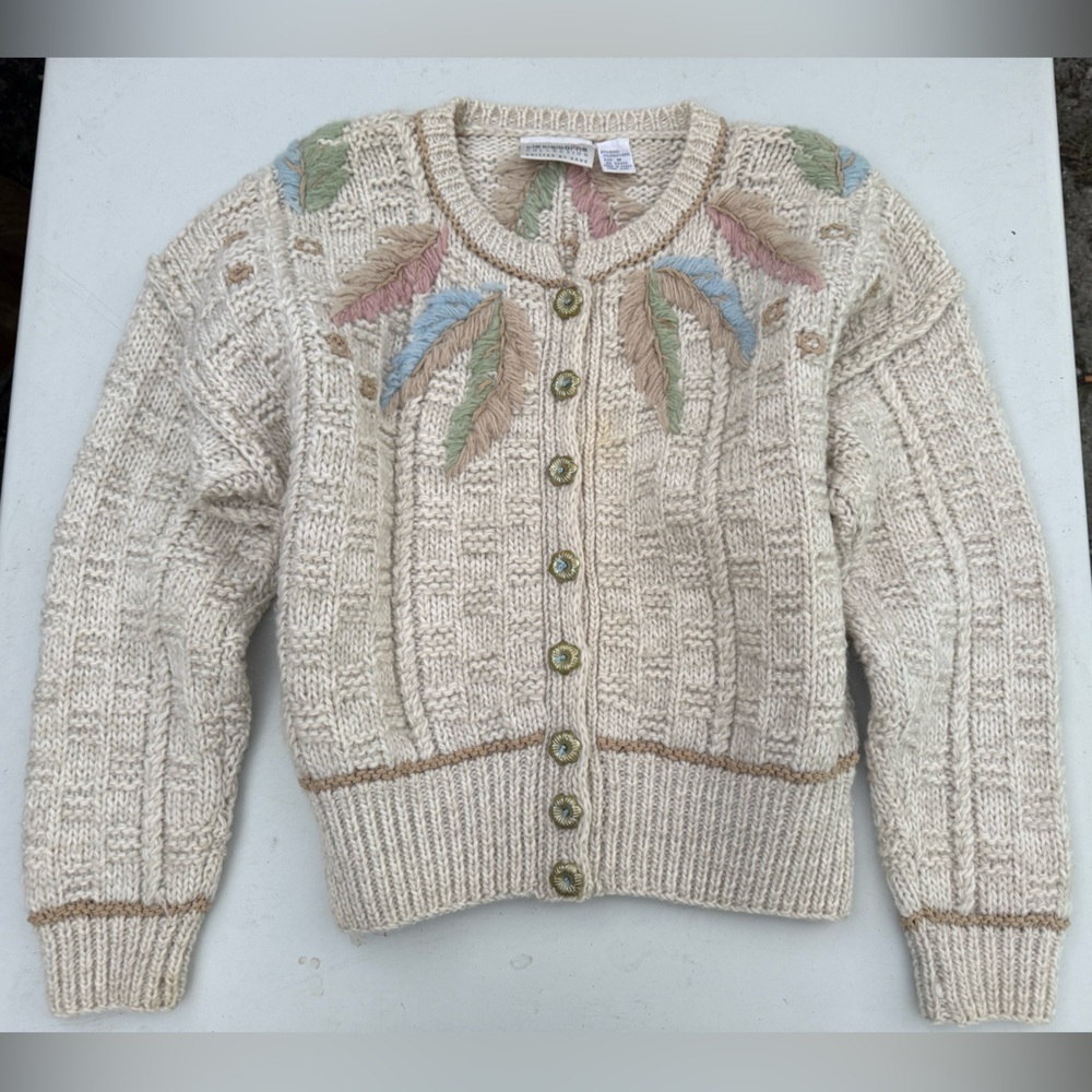 Vintage Liz Claiborne Cream Cardigan with Pastel Accents , 97 % Wool , Size M